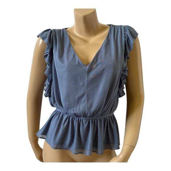 EXPRESS Womens Size Small Blue Sleeveless Ruffled Sheer V Neck Crop Top Shirt - Picture 1 of 8